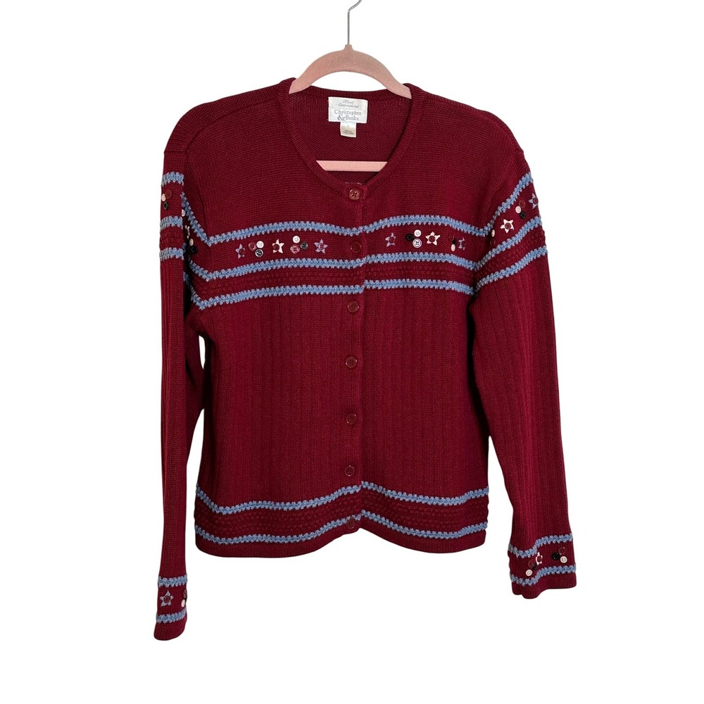 Christopher & Banks‎ Hand Embroidered Cardigan Sweater Size L Burgundy Red Blue